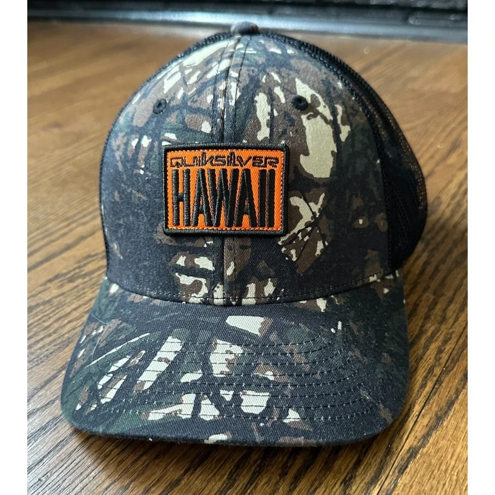 Quiksilver Hawaii Camo Logo Snapback Trucker Hat Mens Mesh Surf Cap Black Orange